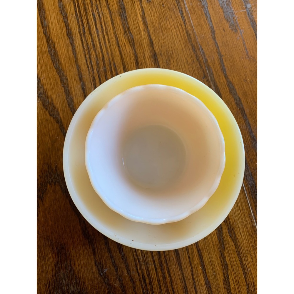 Fire King Federal Glass Milk Glass Custard Ramekin Bowl Set Yellow Peach Luster